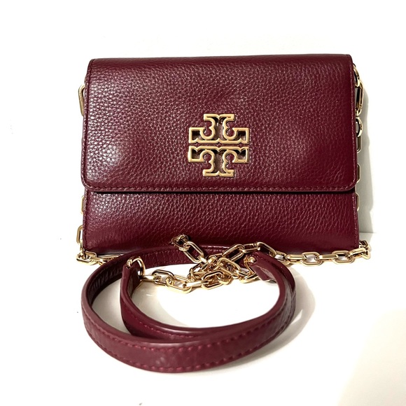 Tory Burch Authentic Goldtone Chain Slingbag & Wristlet/CP case Leather Burgundy - Picture 6 of 16
